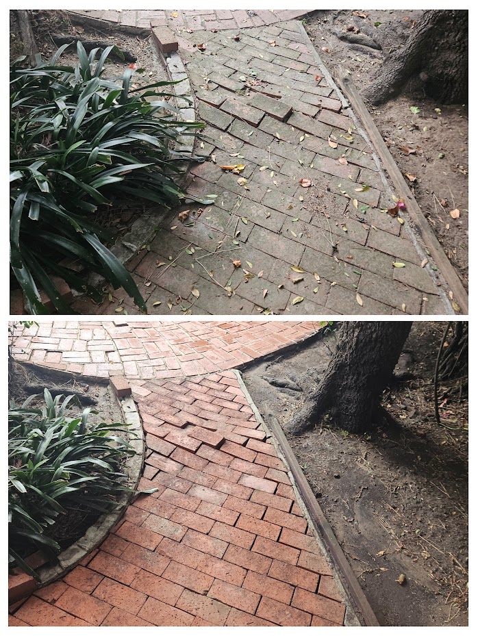 Brick pathway pressure washing before and after