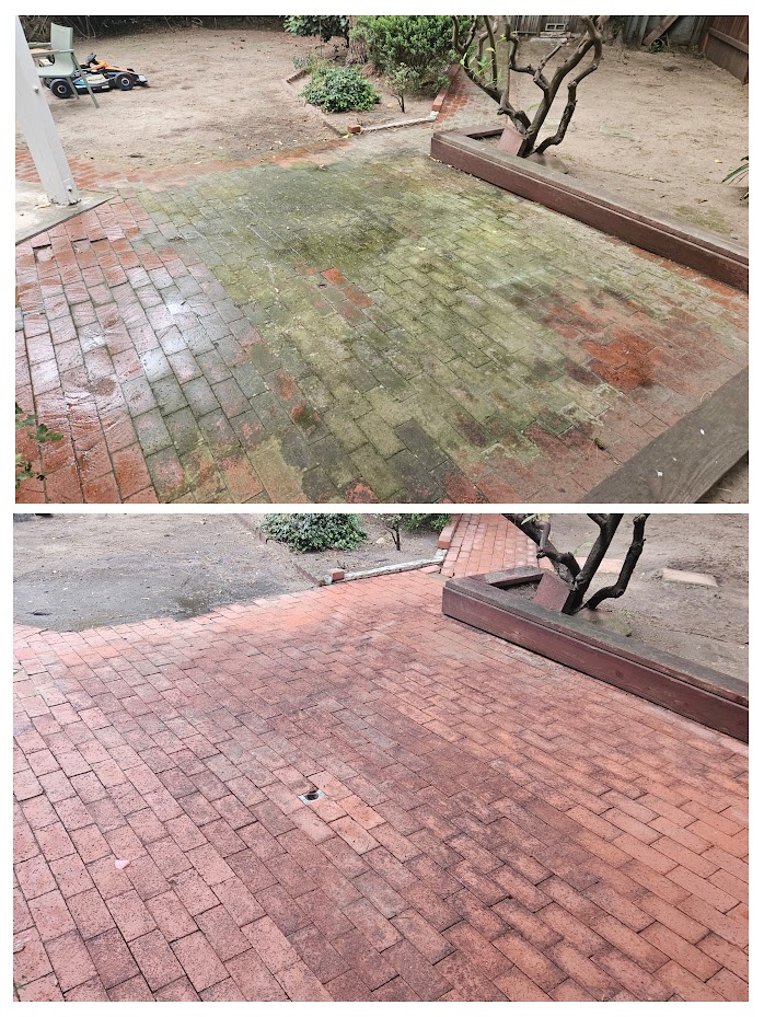 Brick patio pressure washing before and after