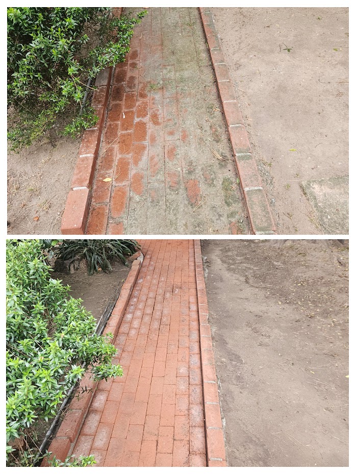 Brick walkway pressure washing before and after